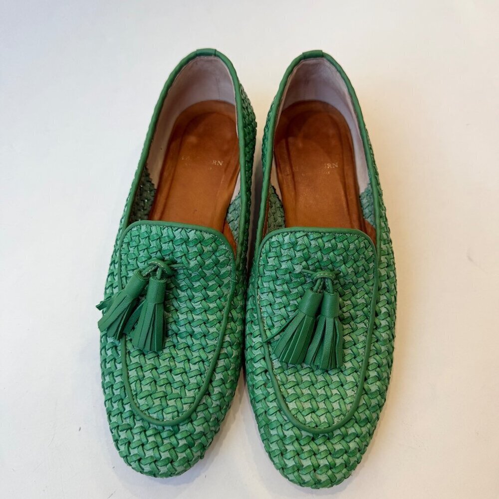 Ann Marshburn Woven Leather Tassel Loafers Green Size 40